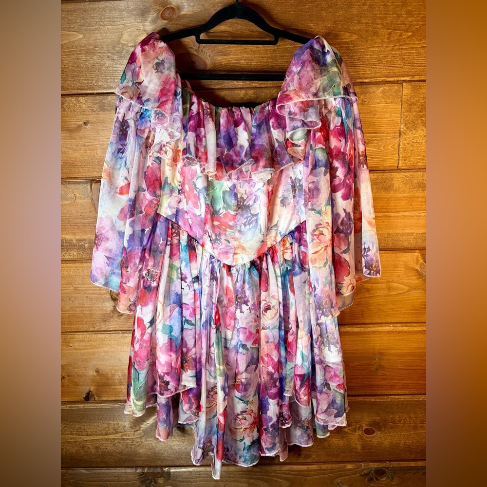 Colorful Floral Chiffon Mini Dress Medium